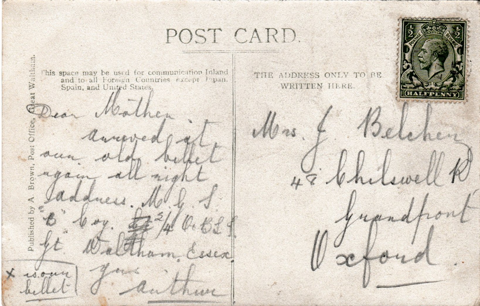 Belcher postcard 1915 back