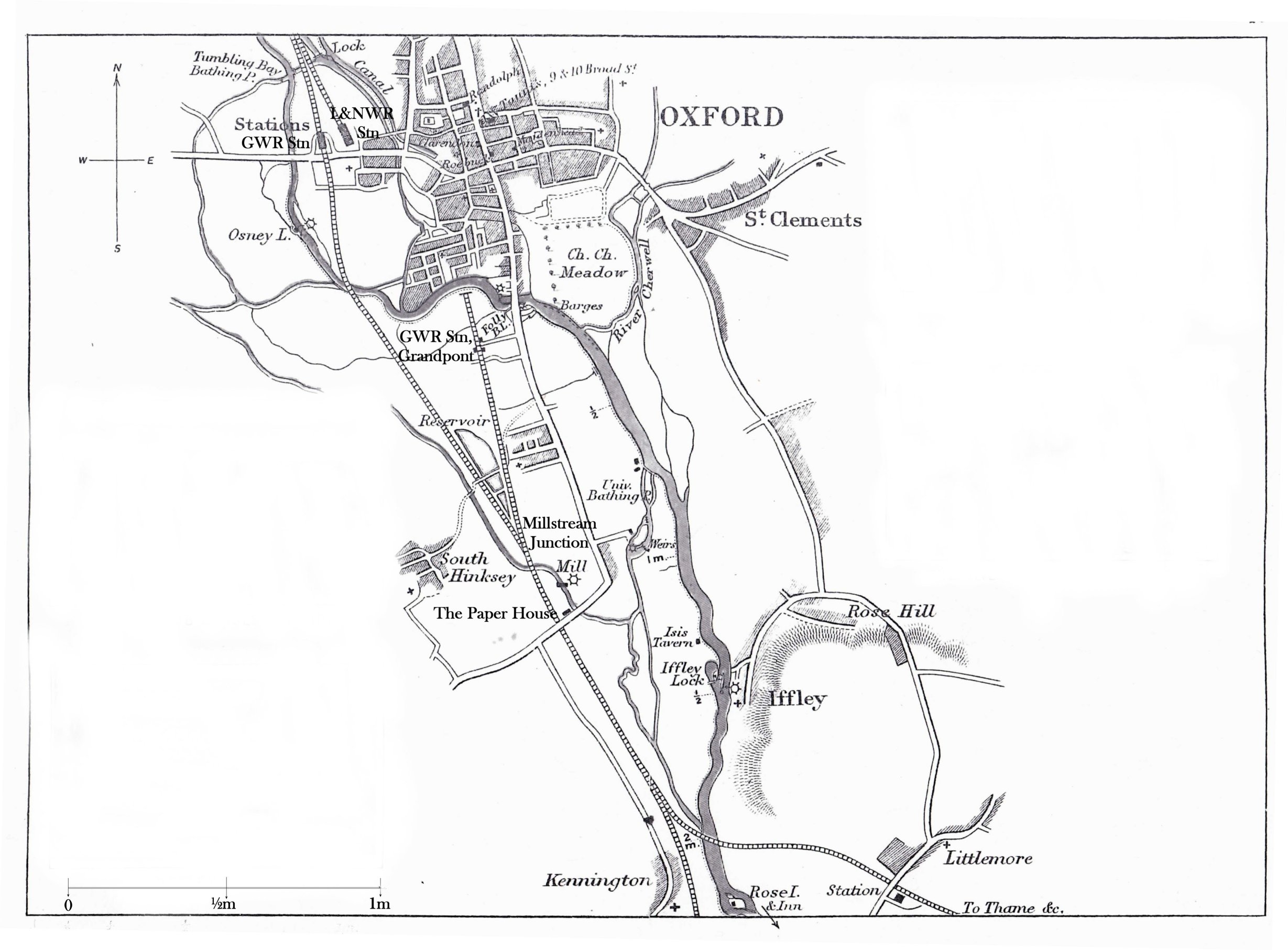 Taunt map of Thames in Oxford 1879 with additional labels smaller
